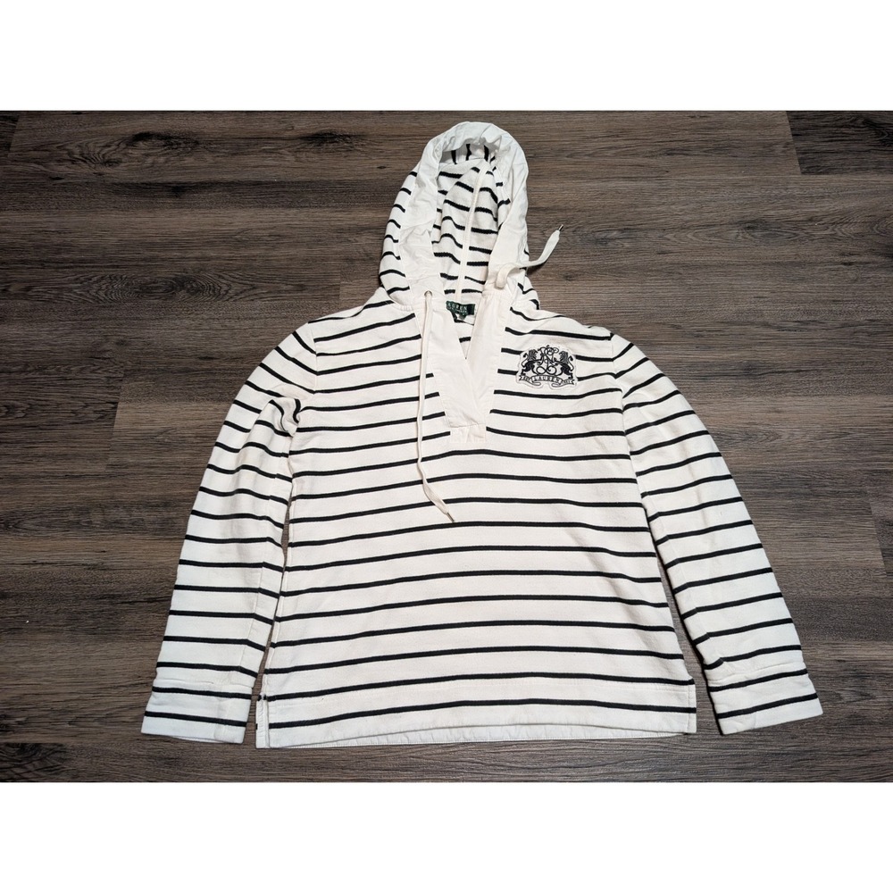 Lauren Ralph Lauren Striped Hoodie Womens S White Black V-Neck Pullover READ